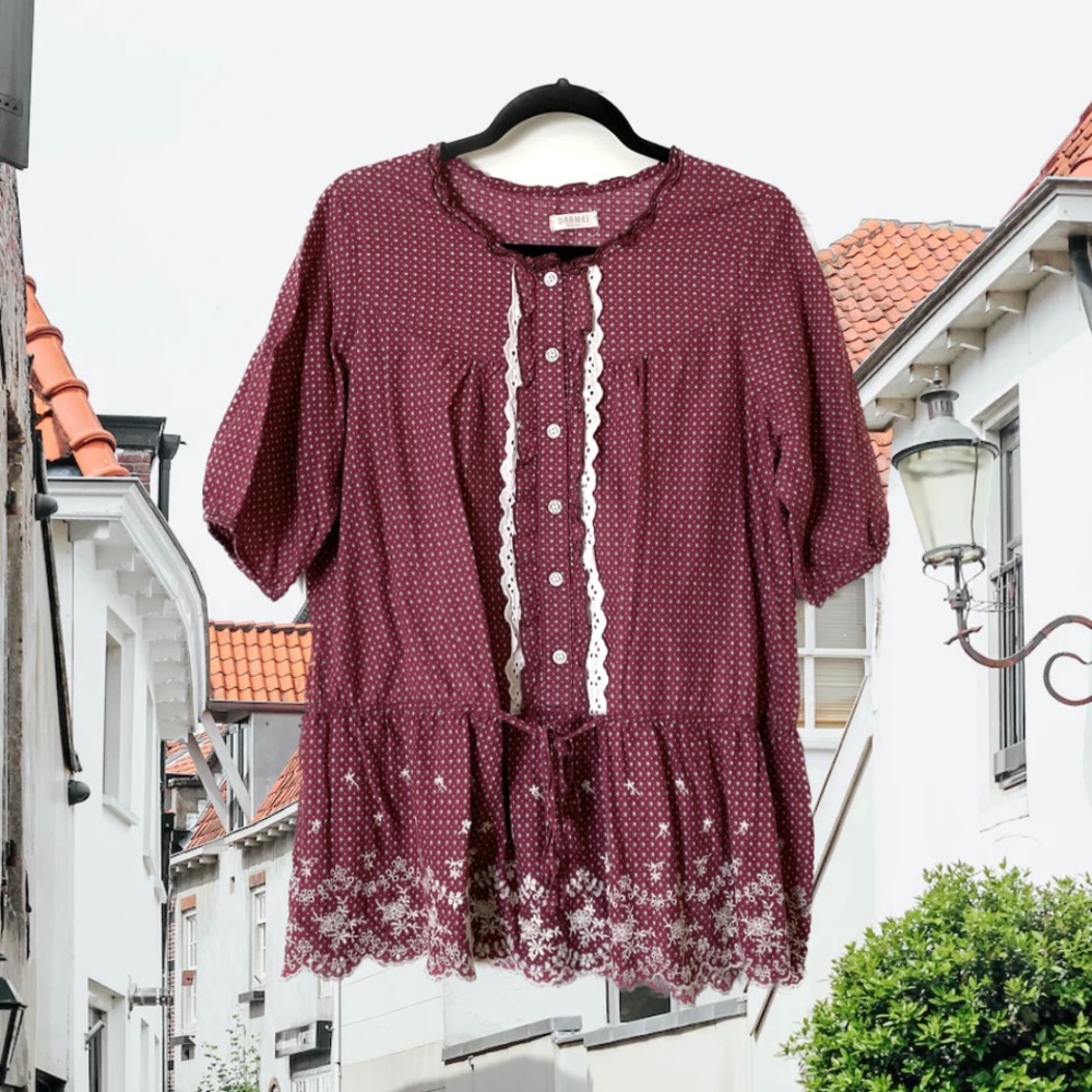 Red Oversized Embroidered Ruffle Lace Half Sleeve Peasant Shirt Dress